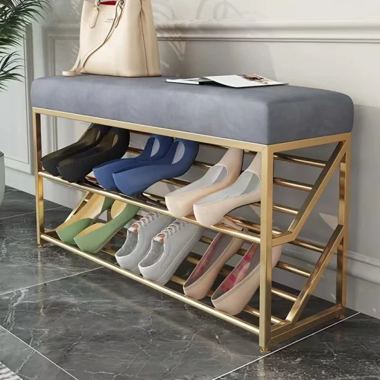 Modern Light Luxury Shoe Racks with Metal Frame and Soft Bench Living Room Shoes Shelf Cabinet