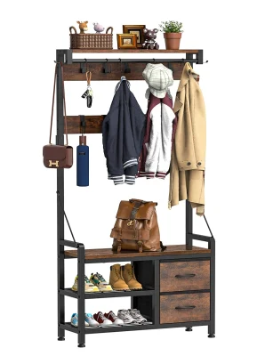 Entryway Bench Freestanding 4 in 1 Intelligent Design Shoe Bench and Wall Rack Coat Rack